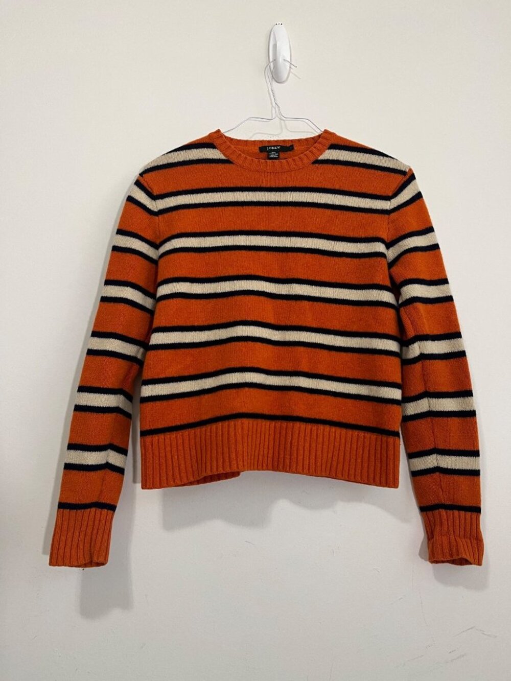 Vtg Y2K J.Crew 100% Lambswool Crewneck Sweater Orange Striped Womens Sz L Preppy